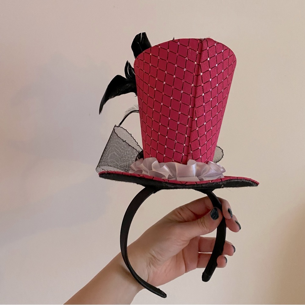 Funky Avant Garde Pink Hat Headband with Decorative Rose and Feather - Picture 2 of 4